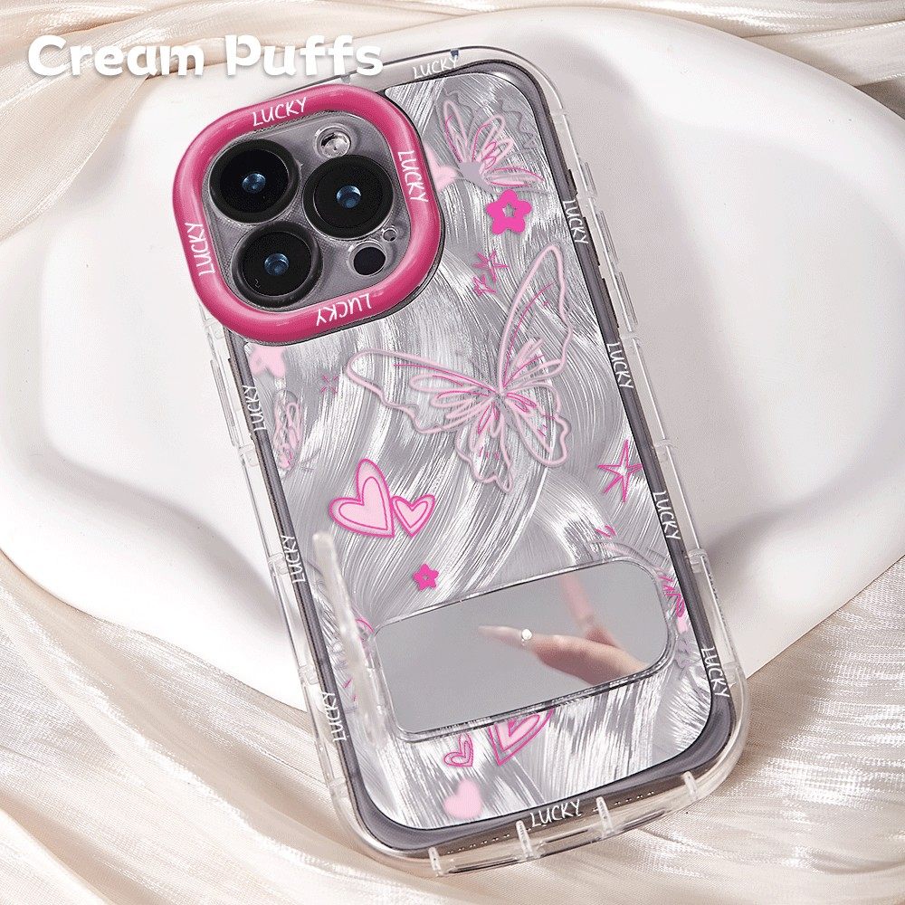 OPPOReno15手机壳软14plus适用苹果13爱心蝴蝶12镜子支架17ProMax小清新iPhone16带挂绳荣耀500少女心红米k90