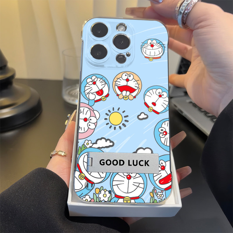 卡通无边框硬15PLUS透明iPhone12太阳叮当猫X200S手机壳带支架OPPOA5X超薄IQOO13高级感16苹果14适用17ProMax