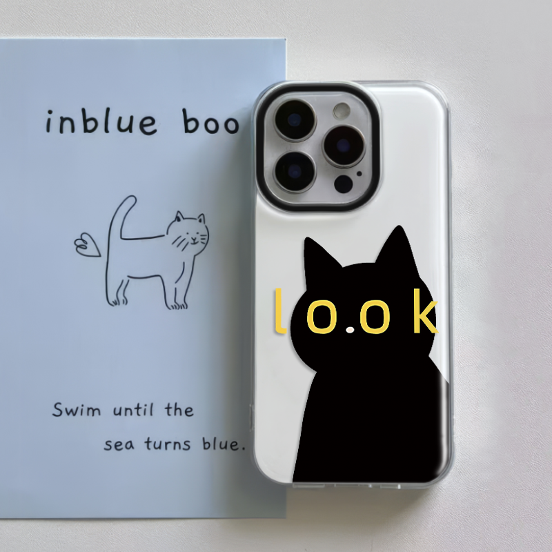 真我14pro创意LOOK黑猫iPhone13带挂绳16plus适用手机壳硬苹果15大孔小米17ProMax荣耀MAGIC8可爱VIVOS30搞怪