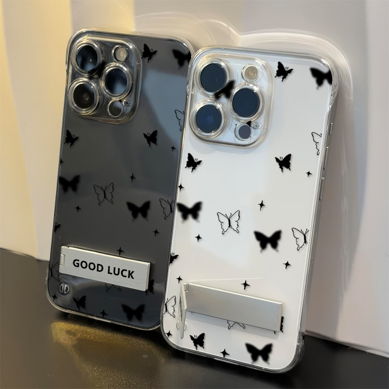 iPhone14黑白蝴蝶苹果13高级感华为NOVA12透明硬荣耀MAGIC7超薄16ProMax手机壳带支架15plus适用OPPOa5无边框