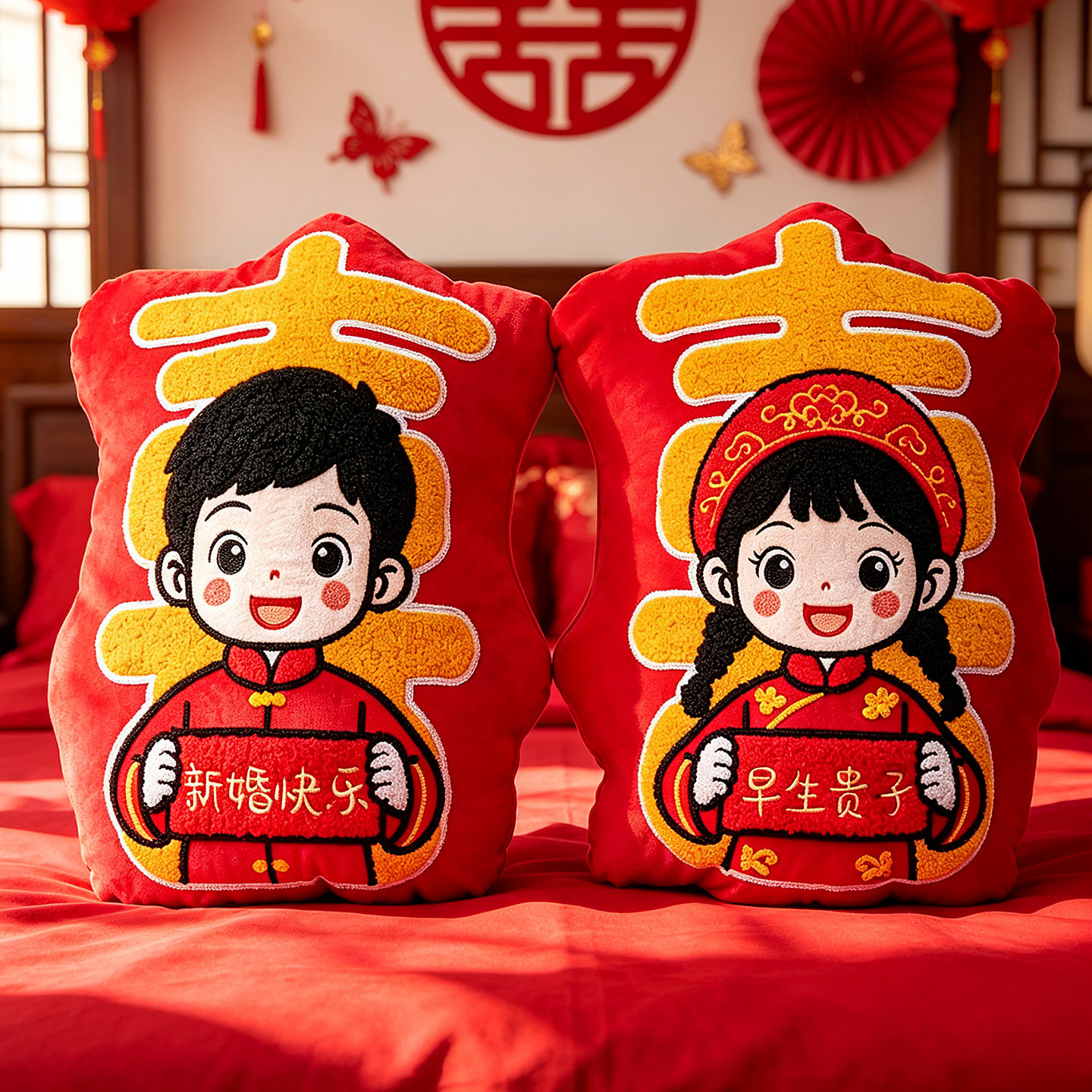 压床娃娃一对结婚新款高档红色喜字抱枕新婚婚庆公仔喜娃金童玉女