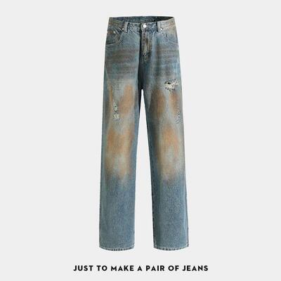 黄泥染破洞宽松百搭直筒牛仔裤