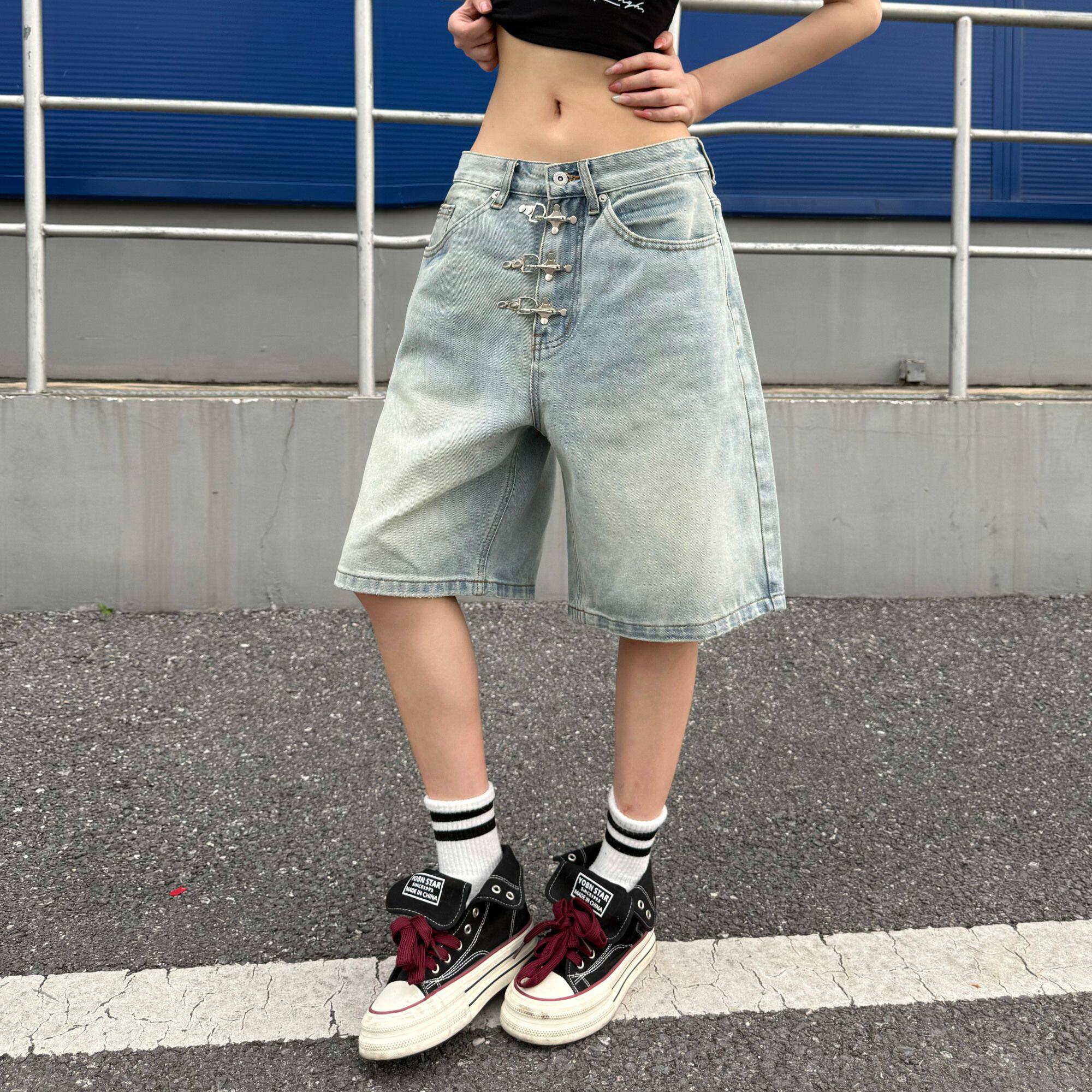 潮牌高街飞机扣装饰牛仔短裤男女款宽松直筒五分裤复古水洗夏季