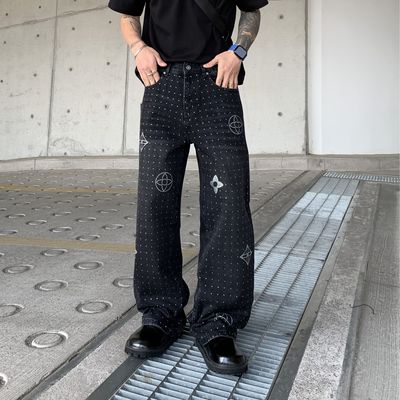 巴黎风美式复古高街潮牌烫钻满天星宽松直筒牛仔裤男设计感长裤子