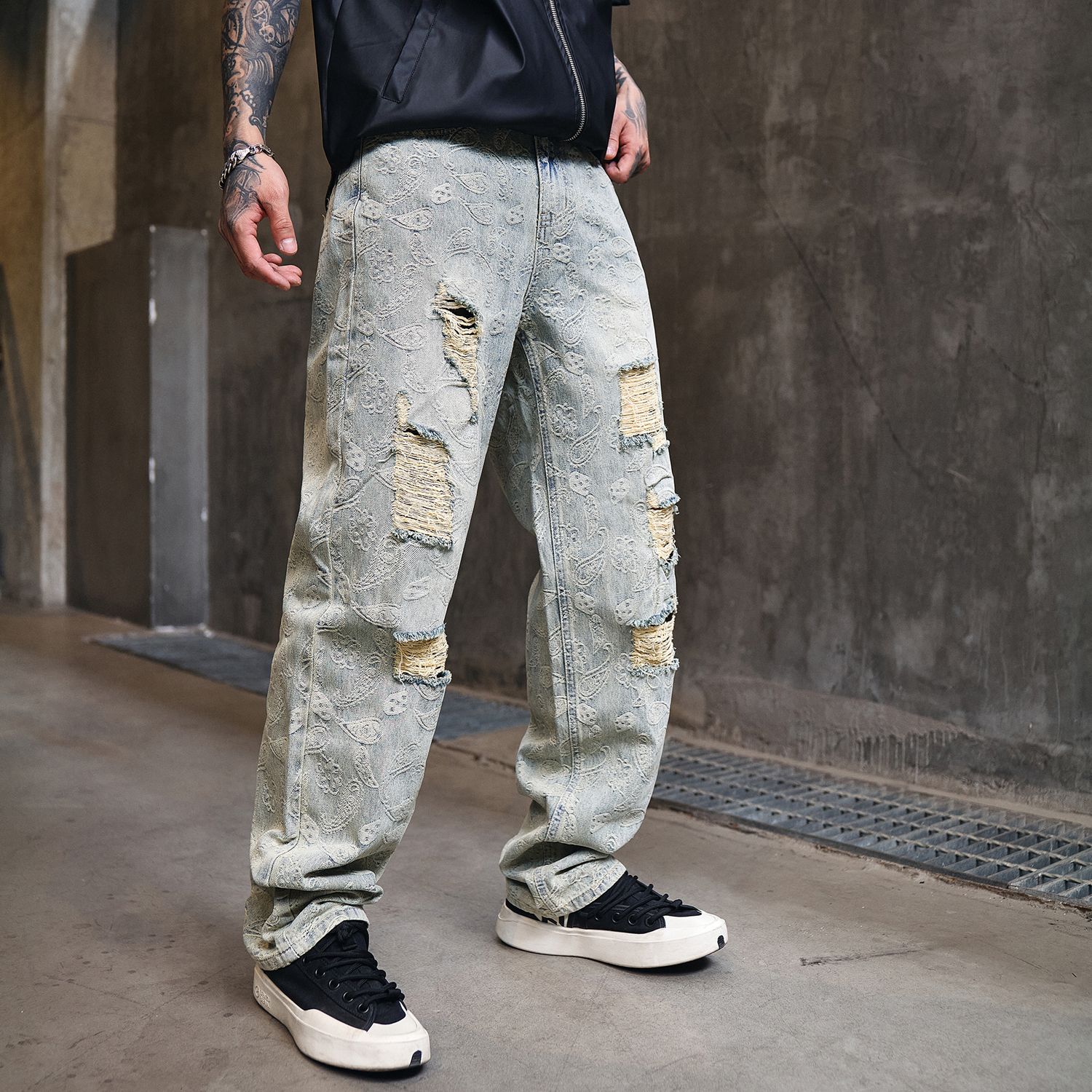 欧美高街破洞牛仔裤男女水洗