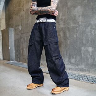 轻奢弯刀裤美式大口袋阔腿牛仔裤膝盖双掐褶丹宁色堆积潮流