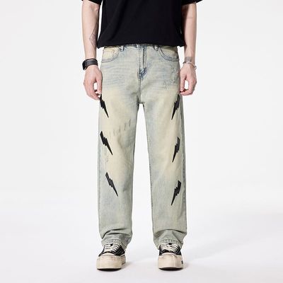 巴黎风闪电印花设计牛仔裤男款