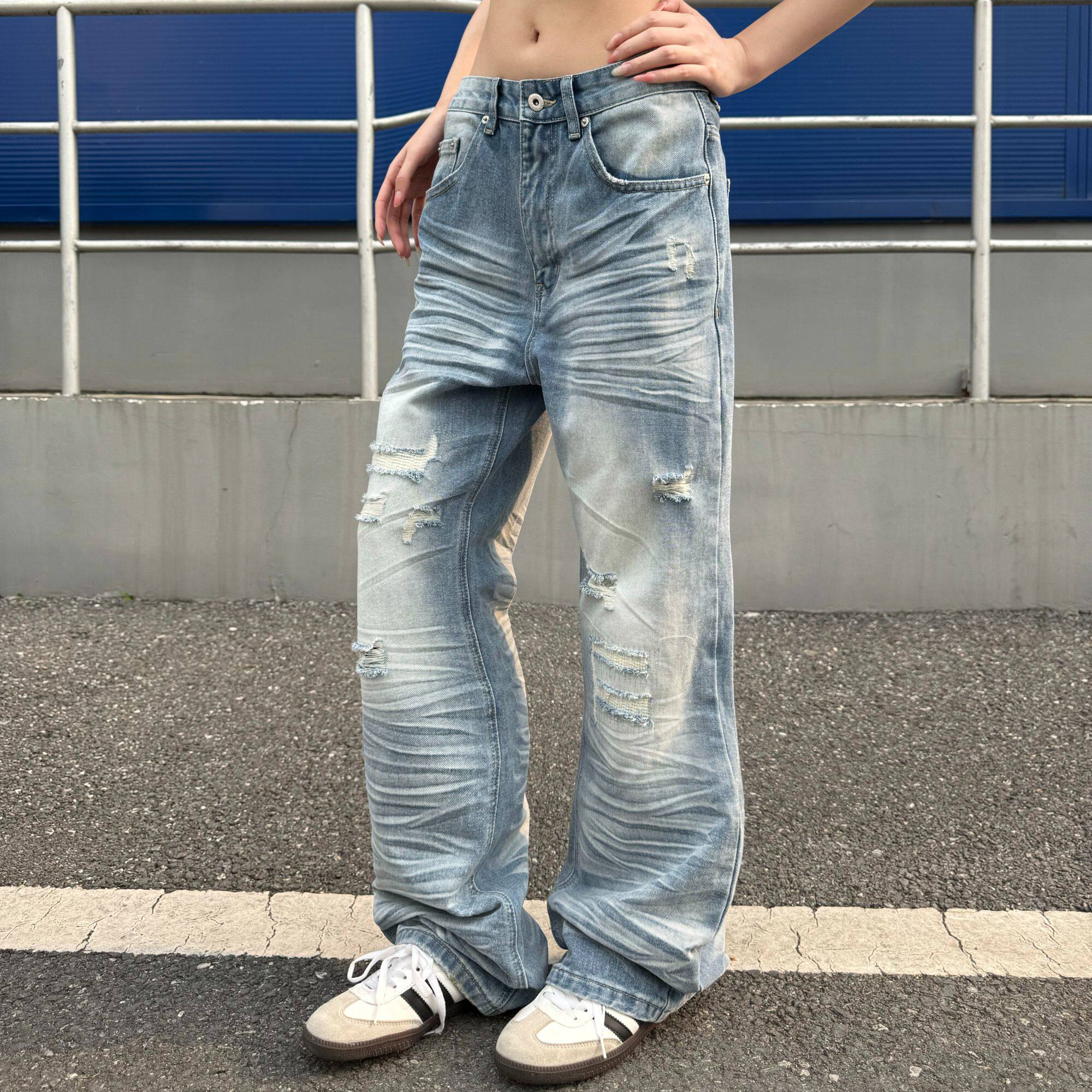 巴黎风复古水洗猫须破洞牛仔裤男女款宽松直筒喇叭裤显瘦拖地长裤
