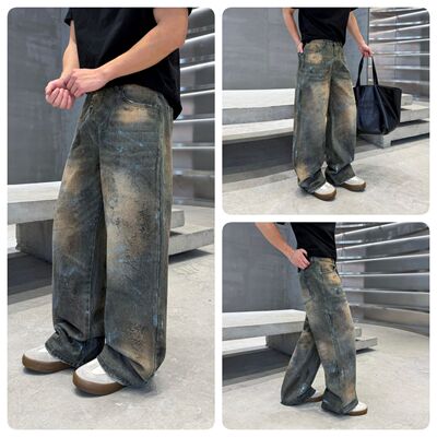 男士复古做旧泼墨涂鸦阔腿牛仔裤