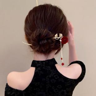 气质中国风玫瑰发簪古风精致流苏簪子感复古汉服新娘盘发头饰D3