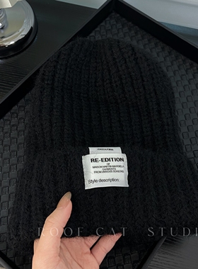 【屋顶的猫】秋冬黑色毛线帽女保暖针织帽大头围显脸小防寒帽子女