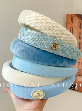 [屋顶的猫]蓝色系发箍女日常外戴海绵发捆海绵头箍高颅顶发窟夏天