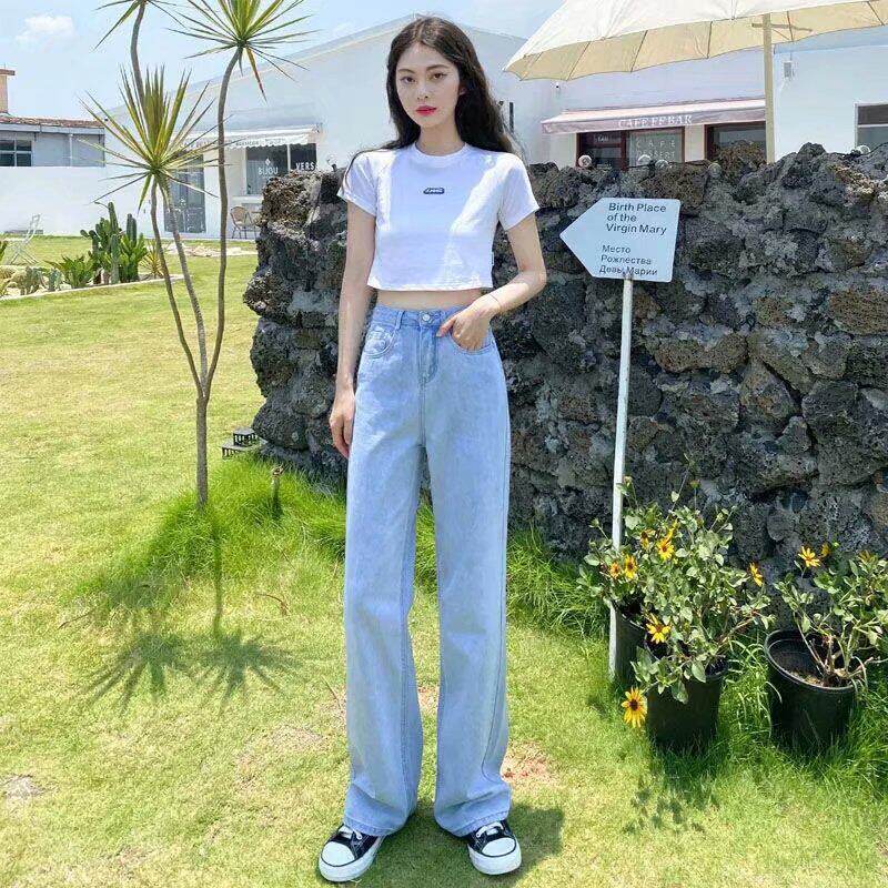佑步仕阔腿牛仔裤女夏季新薄款高腰显瘦浅色拖地垂感百搭直筒长裤