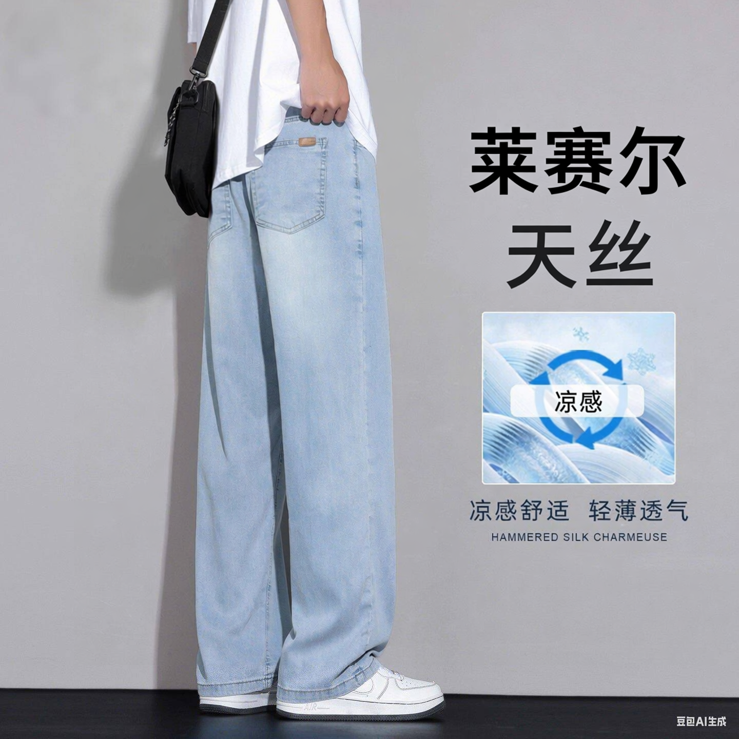 佑步仕牛仔裤男士夏季薄款宽松阔腿直筒裤潮流百搭冰丝休闲长裤子