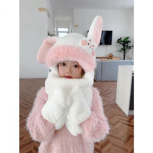 儿童兔耳朵会动帽子围巾一体冬季女童围脖毛绒男童宝宝冬款帽子