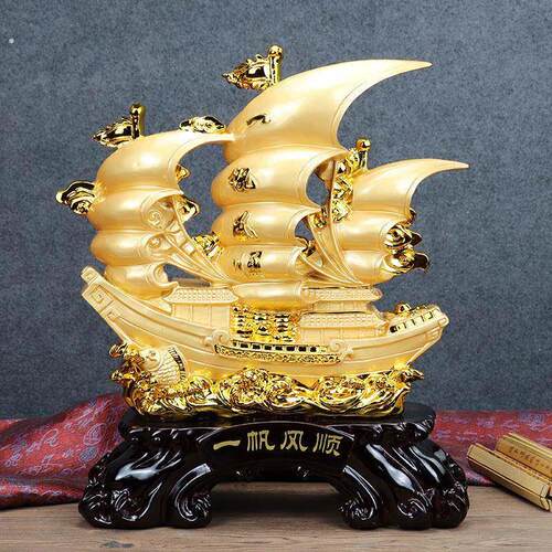 一帆风顺龙船摆件树脂家居装饰品办公室开业龙舟帆船工艺品