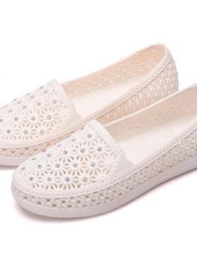 夏季白色女鞋护士凉鞋工作鞋护工舒适妈妈鞋平底镂空漂流洞洞鞋夏