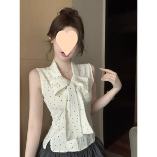 新款 法式 襯衫 甜妹修身 顯瘦設(shè)計感上衣 夏季 溫柔韓系蝴蝶結(jié)波點無袖