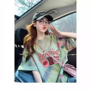 扎染設(shè)計純棉中長款 oversize美式 t恤女潮牌涂鴉減齡寬松顯瘦上衣