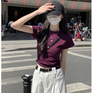 T恤女夏2025新款 純棉高腰短款 圓領(lǐng)插肩上衣短袖 甄選棉 打底衫