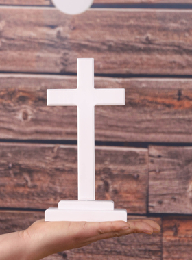 优选白色实木十字架摆件 木质礼品桌面客厅挂墙壁挂摆件带底座 送