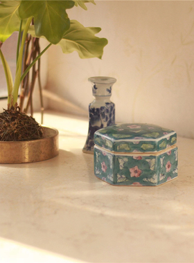 复古老货粉彩印泥盒釉下彩陶瓷收纳盒手帐印泥缸 中式软装摆件