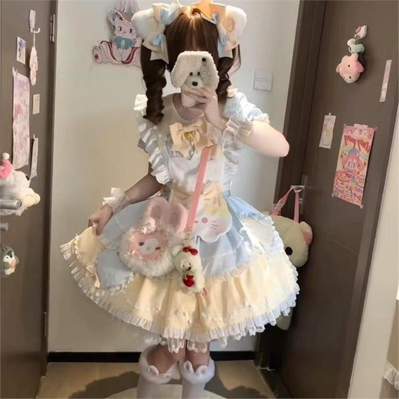 甜茶少女蝴蝶结小猫围裙两件套