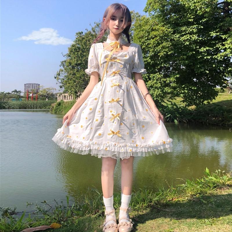 洛丽塔日系软妹Lolita甜美方领蝴蝶结小雏菊荷叶边连衣裙子女夏季