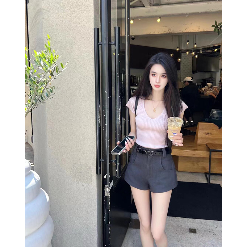 2024新款女士夏季纯欲修身显瘦显身材V领短袖针织上衣高腰裤子