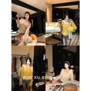 女 内搭吊带背心软糯上衣套装 秋冬穿搭韩系慵懒风长袖 镂空针织罩衫