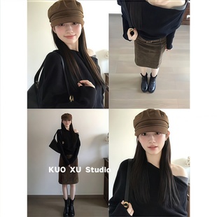 复古直筒半身裙套装 韩系氛围感穿搭撞色一字领露肩针织衫 毛衣美式