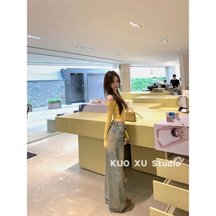 牛仔裤 t恤女别致阔腿拖地裤 性感露背上衣长袖 纯欲甜辣妹穿搭套装