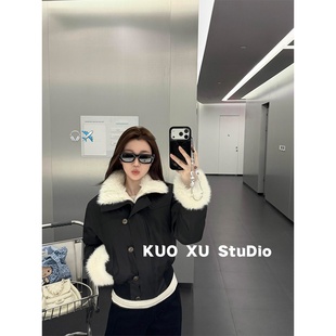 秋冬穿搭韩系高级感毛领加厚外套短款美式外套高腰宽松阔腿裤套装