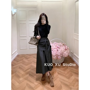 韩式搭配一整套冬装黑色针织衫法式上衣高级感绑带中长裙半身裙女