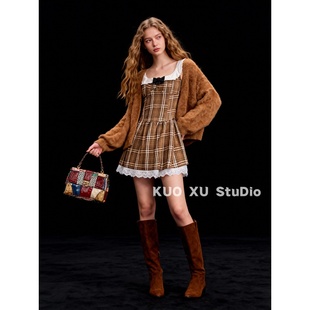 一整套复古针织衫 超好看深冬装 外套蕾丝格纹连衣裙女 现货秒发