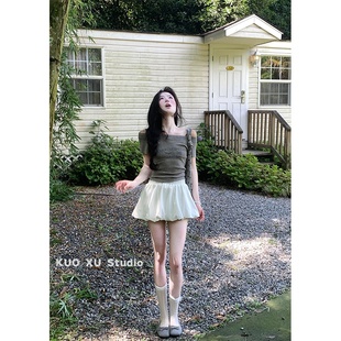 上衣花苞短裙半身裙 t恤修身 夏季 穿搭韩系灰色字母印花一字肩短袖