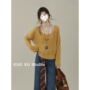 上衣辣妹内搭吊带背心套装 针织衫 女 慵懒镂空V领长袖 秋冬穿搭韩版