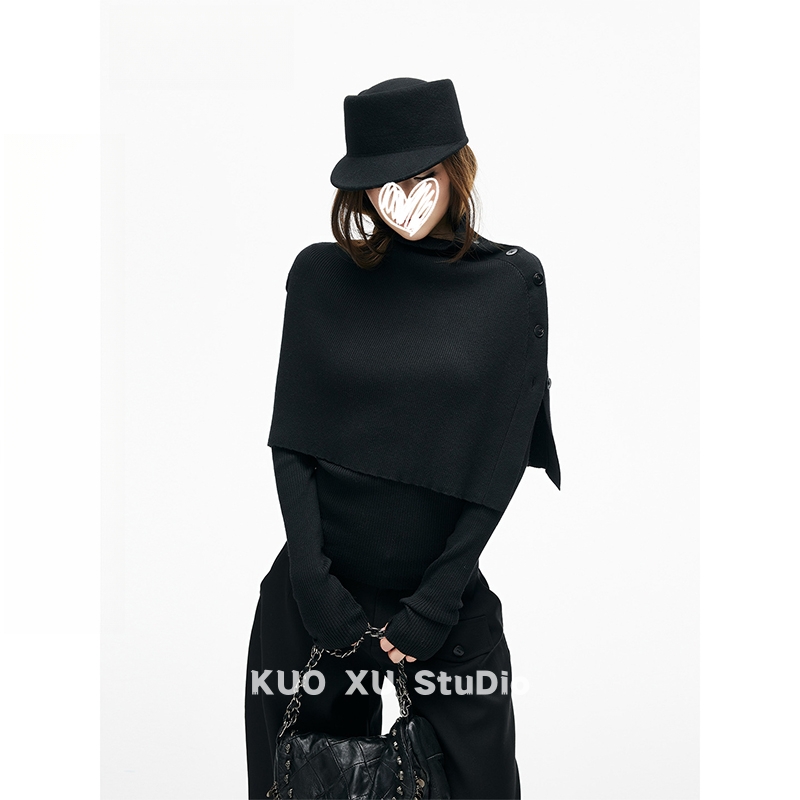 秋冬穿搭韩系黑色斗篷针织衫毛衣辣妹半高领打底长袖上衣两件套女