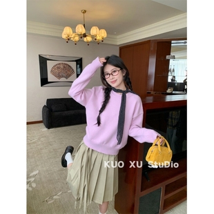 高腰半身裙百褶裙子套装 毛衣软糯针织衫 女 针织衫 秋冬穿搭韩系长袖