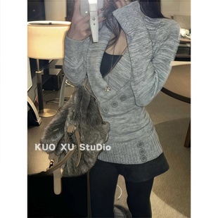 短裤 套头毛衣针织休闲裤 女 一整套灰色V领加厚针织衫 独特漂亮冬装