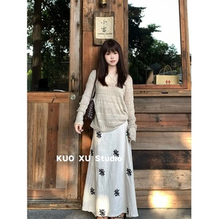 氛围感韩系穿搭镂空慵懒高级感针织上衣高腰直筒设计感半身裙套装