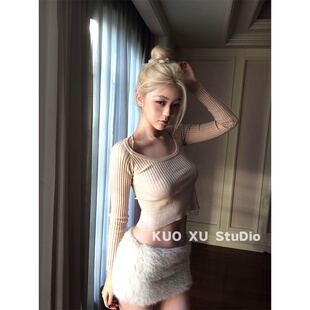韩式搭配一整套冬装针织衫绝美内搭打底上衣毛绒包臀短裙半身裙女
