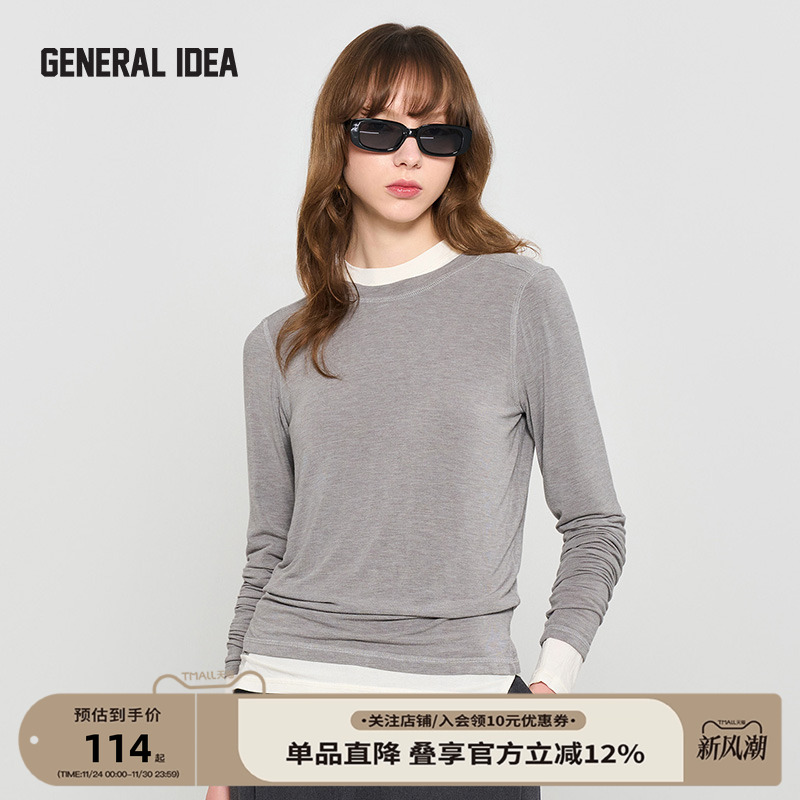 GENERAL IDEA BY BUMSUK80%缝线开衩叠穿圆领长袖休闲T恤打底衫女