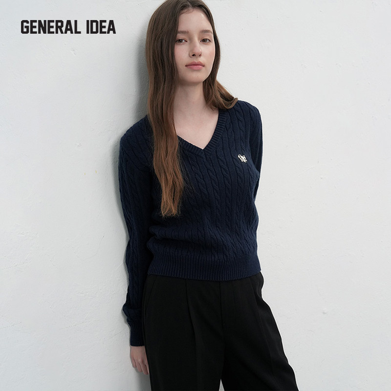 GENERAL IDEA老钱风v领针织衫毛衣女麻花纹休闲上衣