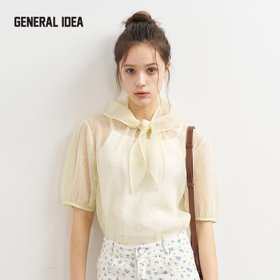GENERAL IDEA BY BUMSUK丝巾绑带透视泡泡袖套头上衣(丝巾+丝带）