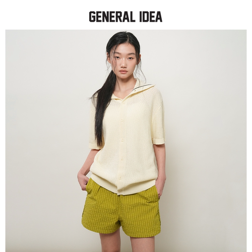 GENERAL IDEA BY BUMSUK夏季日韩系拼色线条翻领开衫短袖男女同款