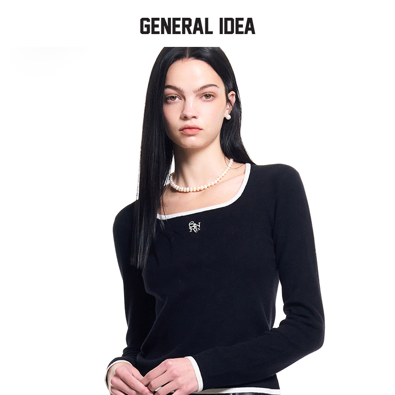 GENERAL IDEA BY BUMSUK拼色方领正肩羊毛套头长袖毛衣修身显瘦女