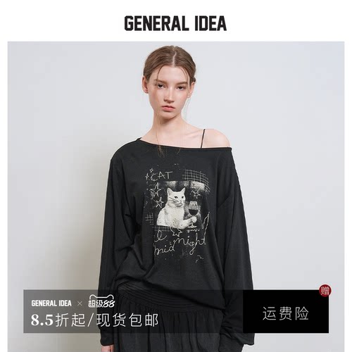 GENERAL IDEA BY BUMSUK 韩国正品 猫咪斜肩圆领T恤长袖休闲女