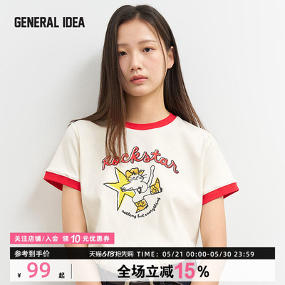 GENERAL IDEA BY BUMSUK摇滚披头猫拼接撞色短袖T恤女趣味印花