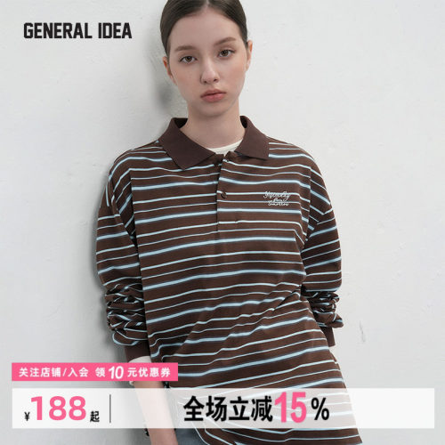 GENERAL IDEA BY BUMSUK复古老钱刺绣条纹polo长袖T恤上衣情侣款